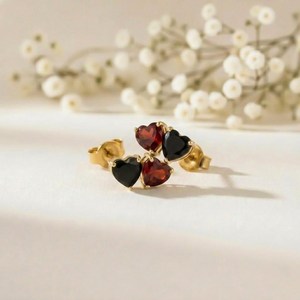 Natural Garnet And Black Obsidian Heart Shape <b>Stud</b> <b>Earrings</b> Minimalist Dainty Gemstone Jewelry In 925 Sterling <b>Silver</b> 18K Gold - Product Image 4