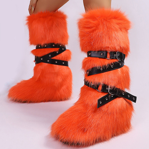 Bottes d'hiver chaudes et fourrées pour femme, grande taille 44, à semelle épaisse, avec lanières croisées, fourrure, hauteur genou, bout rond - Product Image 2