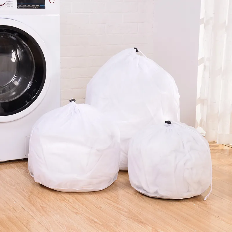 Yeniden toptan ekstra büyük naylon file çamaşır torbası otel İpli ev makinesi yıkama çantası