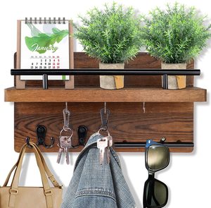 Décoration murale rustique pour la maison, organisateur de <span class=keywords><strong>courrier</strong></span> <span class=keywords><strong>et</strong></span> d'enveloppes, <span class=keywords><strong>porte</strong></span>-manteau en bois, <span class=keywords><strong>porte</strong></span>-clés, crochets, support suspendu avec 4 clés pour l'entrée - Product Image 6