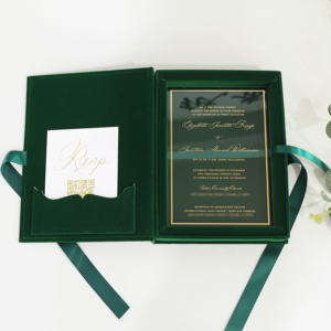 Boîte <span class=keywords><strong>d</strong></span>'invitation de mariage de luxe en velours vert émeraude <span class=keywords><strong>carte</strong></span> de mariage acrylique avec nœud en ruban - Product Image 3