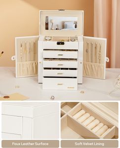 Synthetic Leather Huge Jewelry <b>Box</b> Mirrored Watch Organizer Necklace Ring Earring <b>Storage</b> <b>Lockable</b> Gift Case (White) - Product Image 4