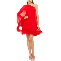 Mousseline de soie personnalisée de haute qualité une épaule robe trapèze rouge garniture de plumes d'autruche femmes Mini robe