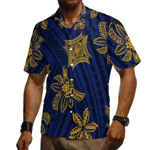 ネイビーブルーのポリネシアのサモアのタトゥーデザイン夏の半袖シャツハワイカジュアルで居心地の良いメンズアロハシャツ