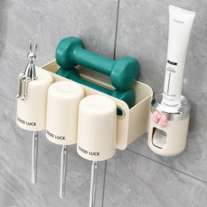 Cute Family Style Toothbrush Holder With <b>Toothpaste</b> Dispenser Wall Mounted Suction Cup Bathroom Storage Rinsing Cup Set - Product Image 3