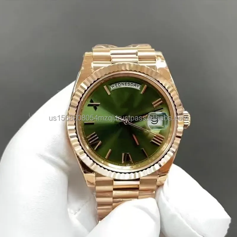 Luxe Goedkope Roségouden Horloge Week Date Display Horloge Roestvrij Staal Beste Automatische Mechanische Merkhorloges Voor Mannen