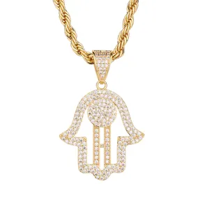Marlary Wholesale 18K Bling Cz Crystal Iced Out Jewelry Hollow Eye Hamsa Hand Pendant Necklace