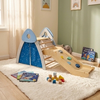 Ensemble de jeu d'escalade et de glisse pour tout-petits en bois 4-en-1 avec tente à motif étoile, aire de jeux intérieure unisexe et utilisation à domicile