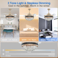 Ventilateur de plafond de luxe européen 48 pouces avec corps de lampe en cristal, pales en fer rétro, LED à intensité variable et télécommande intelligente
