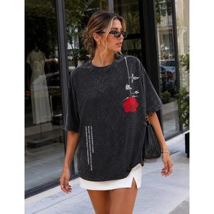 FOXA เสื้อยืดโอเวอร์ไซส์สำหรับผู้หญิงผ้าฝ้ายพิมพ์ลายดอกไม้ฤดูร้อนสวมใส่สบายๆ - Product Image 2