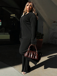 Tenue 2 pièces pour femme-Chemise plissée à boutons floraux-Pantalon palazzo au genou-Tricot en laine décontracté pour l'été et l'automne-Taille XL - Product Image 3