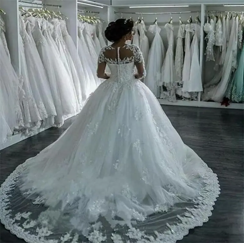 Stand Collar Waist Slim Long Sleeve Trailing Dress Wedding Dress