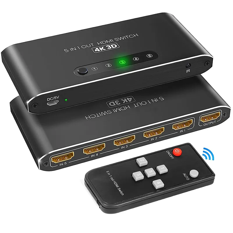 2024 HDMI Switcher 1 In 5 Out HDMI Switcher Supports 4K30Hz 1080P60Hz High Resolution with IR Remote Control for Computer XBOX