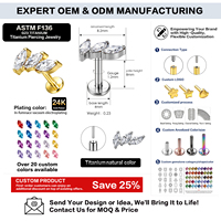 Bijou de piercing corporel en titane G23 ASTM F136 avec zircon, sans filetage, de qualité implant, pour tragus, hélix, cartilage d'oreille, type push-pin ou labret