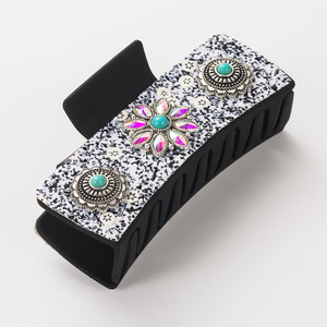 Pince à cheveux européenne américaine personnalisée incrustée de diamants perle Turquoise luxe élégant carré alliage métal pince à cheveux pour les femmes - Product Image 6