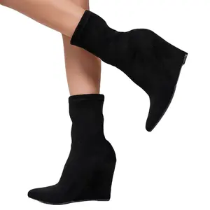 Oficina puntiagudos botines elásticos marrón mujer bloque tacón alto calcetín botas negro