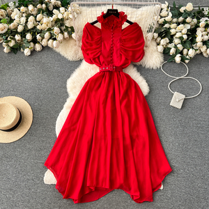 Vestidos de moda para mujer con mangas caladas, cintura ajustada y volantes irregulares - Product Image 5