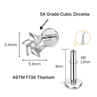 Perhiasan tindik JiaXin ASTM F136 Titanium Grade Implant, tanpa ulir, flat back, labret stud, untuk bibir, helix, conch, dengan inlay zircon berbentuk hati, ukuran 16G