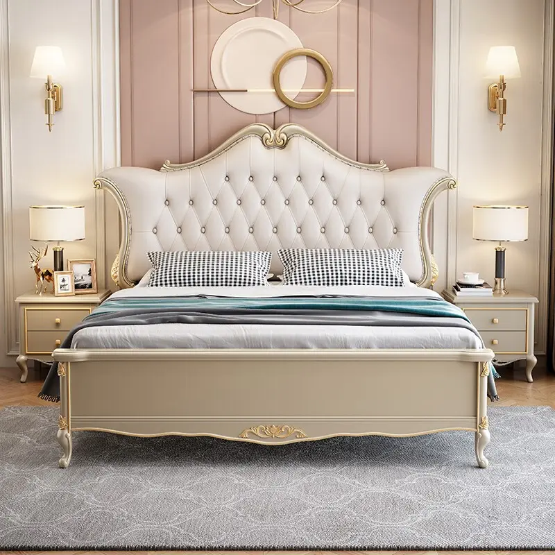 European Style Bed Master Bedroom Leather French Luxury Solid Wood Bed Frame King Size Wedding Bed For Home Hotel Furniture