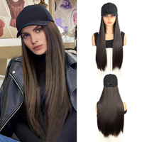 Gorra de béisbol con peluca afro de pelo largo y liso para mujer, con cable resistente al calor incorporado, estilo coreano, para primavera/verano, de cobertura completa.