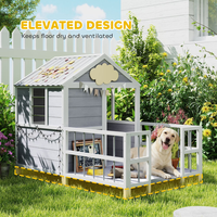 Caseta Premium para Perros de Exterior de 61 Pulgadas, Color Gris Madera, con Techo Impermeable, Marco Elevado, Ventilación y Ventanas de Visión, para Todas las Estaciones, Tamaño Pequeño