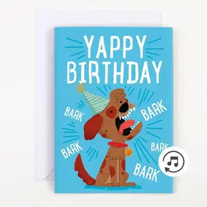 Nuevo diseño de perro tarjeta de sonido sin fin música broma tarjetas de felicitación con chip de sonido para niños