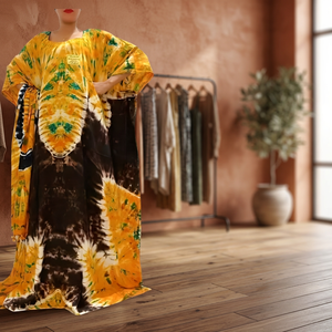 Yellow Tie Dye Maxi <b>Kaftan</b> <b>Dress</b> With Tassel Cap Sleeve Loose Fit Summer Casual Wear For <b>Women</b> - Product Image 3