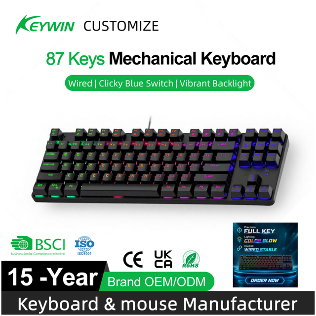 Keywin OEM ODM 87-Key LED USB Wired Mechanical Gaming Keyboard Stock 87 Keys N-Key Rollover Wired LED Mechanical Gaming Keyboard