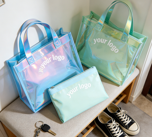 Bolso de Hombro Brillante Rosa de Diseño de Moda, Bolso Tote Transparente Holográfico de PVC Iridiscente con Logotipo Impreso Personalizado - Product Image 3