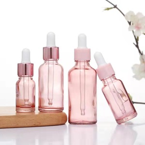 Cosmetic Serum Packaging 20ml 30ml 50ml Round Shape Transparent pink <b>Glass</b> <b>Dropper</b> <b>Bottle</b> with Rose Gold Cap - Product Image 2