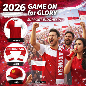 Maillot de supporter de football Indonésie 2026 pour <span class=keywords><strong>homme</strong></span>, en polyester à séchage rapide, <span class=keywords><strong>avec</strong></span> écharpe, casquette et drapeau à main - Product Image 1