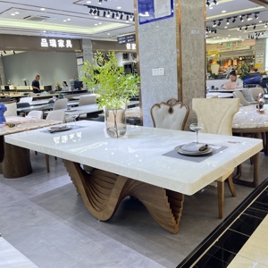 Bàn ăn bằng đá cẩm thạch tự nhiên Bàn ăn mặt phẳng lớn Bàn ăn bằng đá sang trọng mới nguyên bản của nhà thiết kế Chân gỗ nguyên khối - Product Image 1