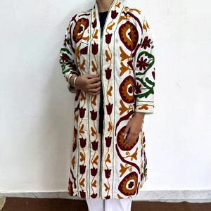 Robe longue en coton 100% brodée de fleurs pour femmes, col en V, manches longues, tenue décontractée d'automne, kimono fait main, peignoir réversible - Product Image 1