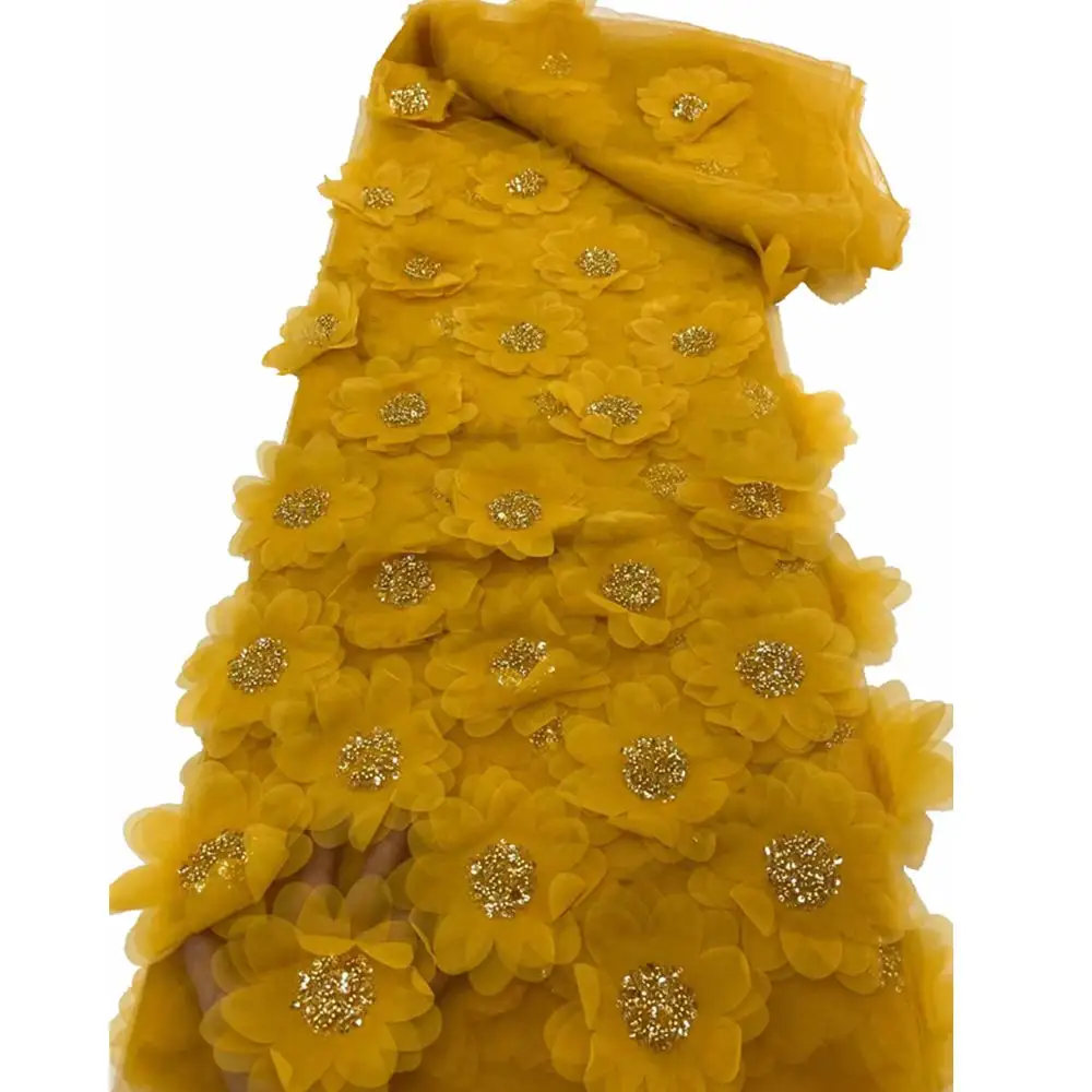 Apliques de mano de flores 3D blancas, tela de encaje con cuentas de lentejuelas, encaje de lentejuelas bordado de flores 3D de lujo para vestido de fiesta de Boda nupcial