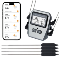 Termometer Daging Nirkabel Digital dengan 4 Probe untuk Pemantauan Multi-Makanan Melalui Kontrol Aplikasi Bluetooth untuk BBQ Grill Smoker Dapur