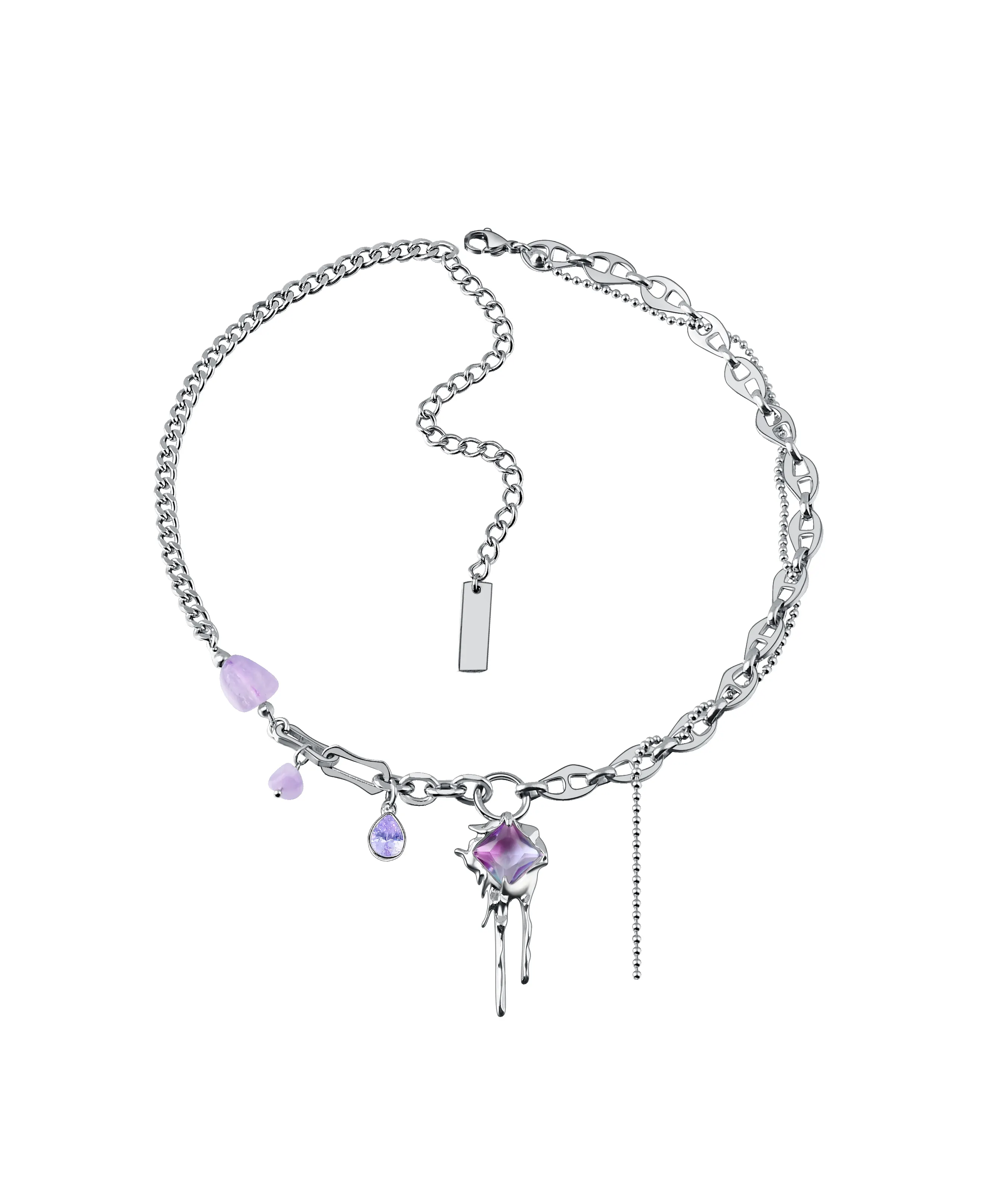 Exquisite fashion women's jewelry hip-hop stitching chain purple jade crystal square pendant stainless steel necklace