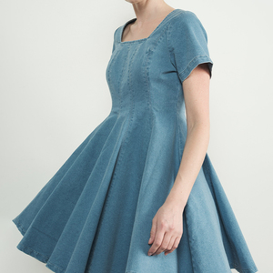 Summer Korean <strong>Wholesale</strong> Boutique Soft Washed Fabric High Waist <strong>Central</strong> Back Zipper Square Neck Denim Bottom Ruffle Dresses - Product Image 3