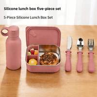 Tasse pliable en silicone portable, ensemble de couverts en acier inoxydable 5 pièces avec boîte à lunch extérieure à 3 compartiments et couvercles de conservation