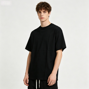 T-shirt noir surdimensionné à manches courtes pour homme, col rond, coupe classique, en jersey de coton, style décontracté, couleur unie, tricoté - Product Image 1