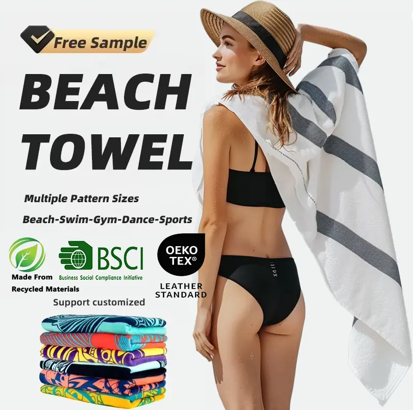 MOQ 50pcs Custom Logo Cotton Terry Beach Towels 100% Microfiber Square Shape Woven in Full Color Reactive Printing