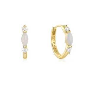 Fine Jewelry Simple Opal Hoop Earring Minimalist Style 925 Sterling Silver Cubic Zircon Paved Hoop Earrings