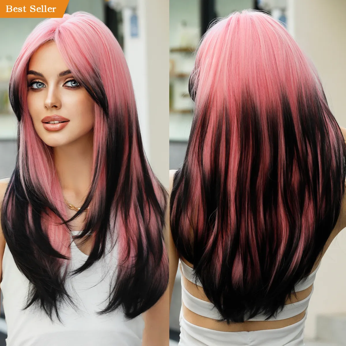 Atacado Perucas Ombre Rosa Cabelo Em Camadas Com Franja Extensões De Cabelo Para Mulheres, Sintético Cabelo Liso Para Anime Drag Queen Pelucas