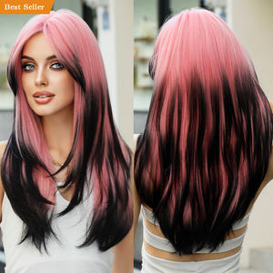 Rambut Palsu Grosir Ombre Pink Berlapis dengan Poni, Ekstensi Rambut untuk Wanita, Rambut Lurus Sintetis untuk Anime Drag Queen Pelucas - Product Image 1