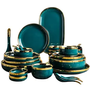 Hot Sale Goldrand Dinner Set grün Smaragd Teller Set Haushalt Keramik Suppe Schüssel Teller Abendessen Geschirr Set