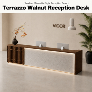 Bancone Reception Moderno Wabi-Sabi in Terrazzo e Legno di Noce con Illuminazione a LED per SPA, Yoga, Hotel, Ufficio - Product Image 2