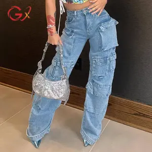 GX8294-pantalones vaqueros rectos de Hip-Hop para mujer, Vaqueros Cargo con múltiples bolsillos