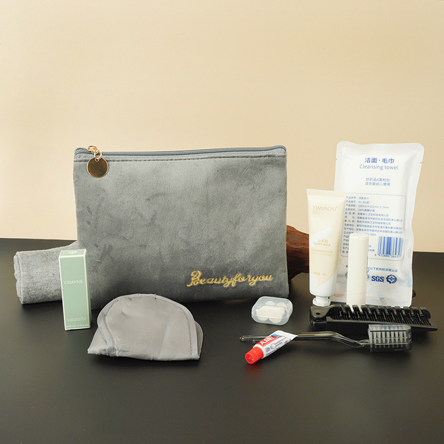 First Class Velvet Overnight Travel Amenities Set with Eye Mask Socks Earplugs Toothbrush Comb Lip Balm for Business Travel