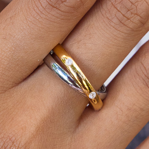 Bague double à motif géométrique, couleur or 18 carats et argent, diamant rond taille brillant, bijoux unisexe pour usage quotidien - Product Image 3