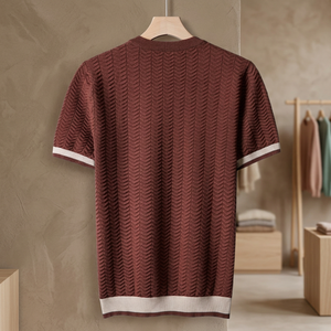 Custom Logo Front Printed O-Neck Short Sleeve Knit <b>Wool</b>/Nylon Casual Elastic Breathable Regular Fit Men's Sweater - Product Image 4