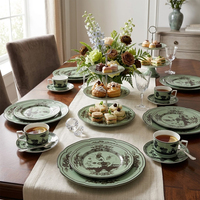 Service de table vintage en porcelaine fine Chinoiserie vert sauge, assiette de présentation rétro à motif floral, tasse à café et bol en céramique pour hôtel